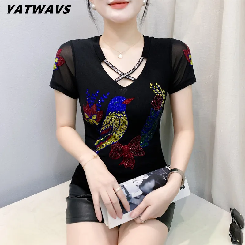 High Quality Summer Women’s Clothes T-Shirt Chic Cartoon Hot Diamonds Design Luxury Tops Classic Girl Sexy Hollow Out Slim Tees