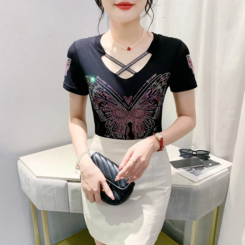 High-end Custom Summer European Ladies Clothes T-Shirt Fashion Shiny Diamonds Women Tops Sexy Hollow Out Embroidery Mesh Tees - Image 2