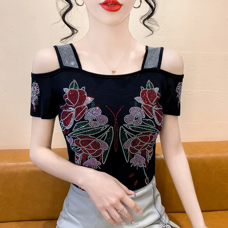 New Fashion Autumn European T-Shirt Clothes Women Chic Sexy Shiny Rose Diamonds Tops Short Sleeve Bottoming Shirt Tees Blouse - Image 2