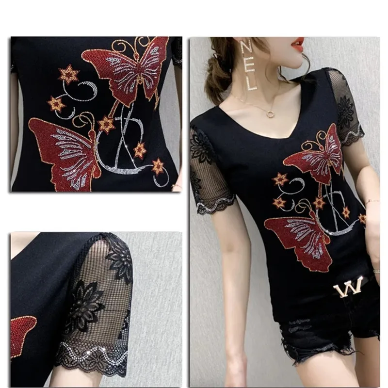 High-End Summer Fashion Korean Clothes T-shirt Chic Butterfly Diamonds Mesh Women Tops Sexy Hollow Short Sleeve All Match Tees - Image 5