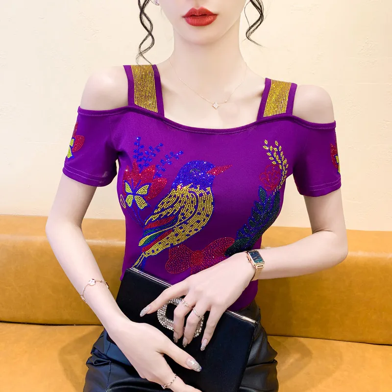 High-End Brand Women’s T-Shirt Clothes Luxury Shiny Cartoon Hot Diamonds Tops Summer Streetwear Girl Sexy Off Shoulder Tees - Image 4
