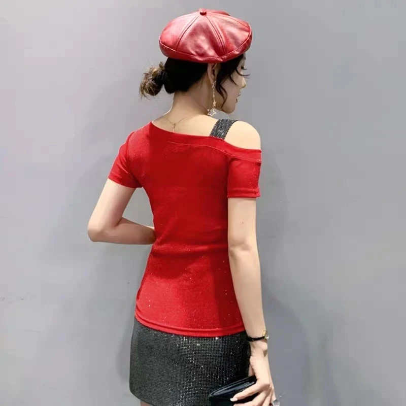 2025 New Summer Fashion European Female Clothes T-Shirt Sexy Off Shoulder Shiny Diamonds Mesh Women Tops All Match Tees Blouse - Image 2