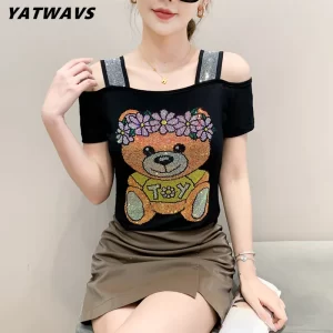 High-end Custom Summer Brand Women's T-Shirt New Chic Shiny Cartoon Hot Diamonds Tees Luxury Ladies Elegant Slim Tops Shirts