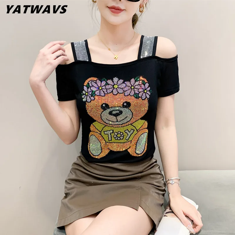 High-end Custom Summer Brand Women's T-Shirt New Chic Shiny Cartoon Hot Diamonds Tees Luxury Ladies Elegant Slim Tops Shirts