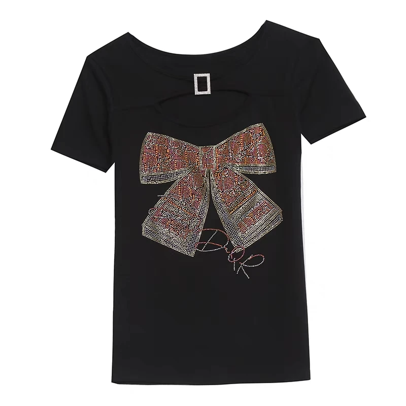 2025 New Summer European Clothes T-Shirt Chic Sexy O-Neck Shiny Bowknot Diamonds Women Tops Short Sleeve Hollow Out Tees Blusas - Image 6