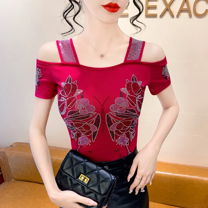 New Arrivals Summer Streetwear Women's Clothes T-Shirt Shiny Butterfly Hot Diamonds Design Tops Sexy Off Shoulder Female Tees - Image 4