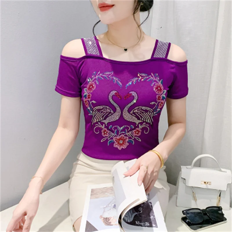 M-3XL Streetwear Girl Summer Cartoon Design Hot Diamonds T-Shirt Women Sexy Off Shoulder Slim Mesh Tops Chic Luxury Flower Tees - Image 3
