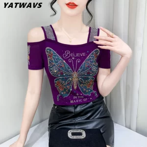 Summer Short Sleeved Women T-Shirt Elegant Slim Shiny Love Butterfly Diamonds Mesh Tops Chic Girl Sexy Off Shoulder Design Tees