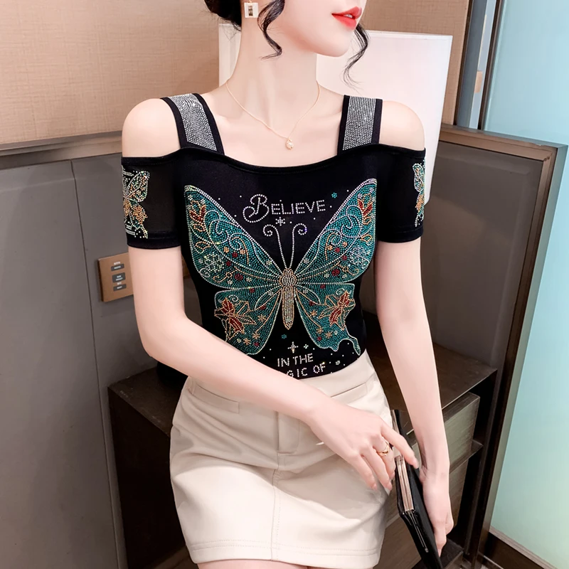 Summer Short Sleeved Women T-Shirt Elegant Slim Shiny Love Butterfly Diamonds Mesh Tops Chic Girl Sexy Off Shoulder Design Tees - Image 4