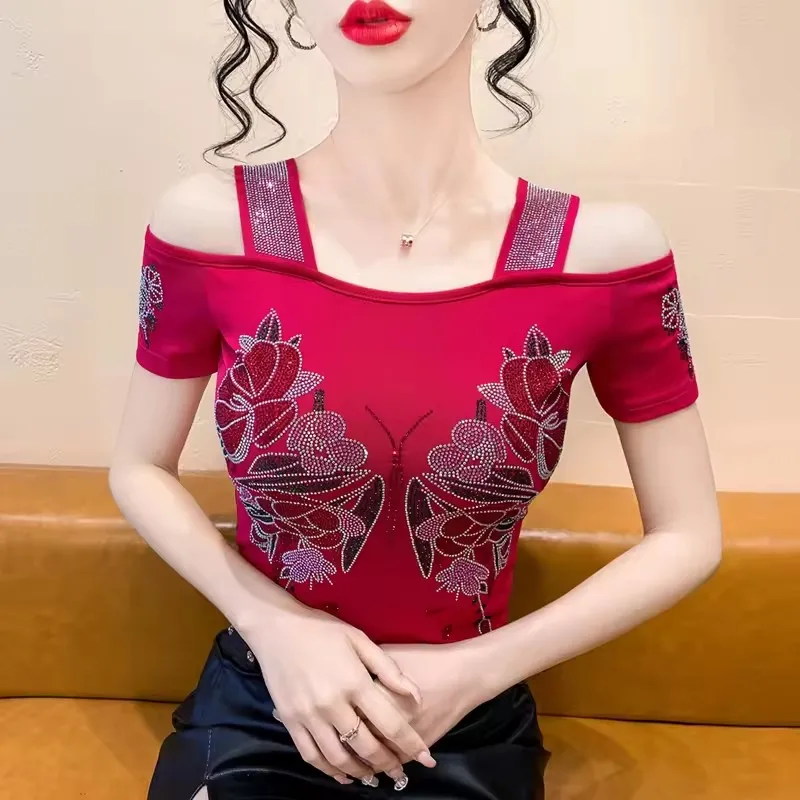 New Fashion Autumn European T-Shirt Clothes Women Chic Sexy Shiny Rose Diamonds Tops Short Sleeve Bottoming Shirt Tees Blouse - Image 5