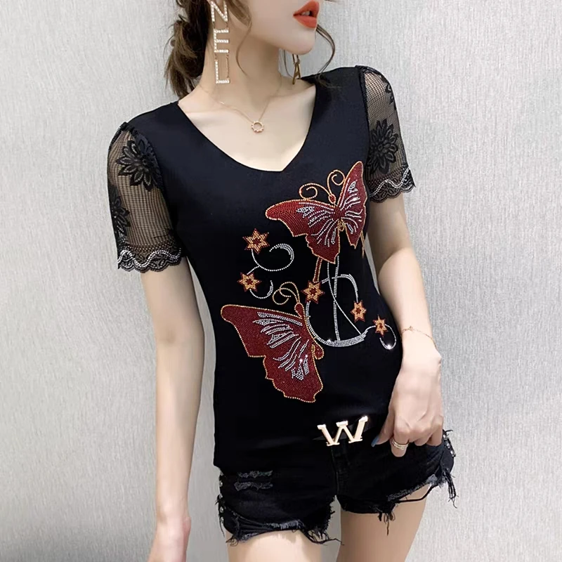 High-End Summer Fashion Korean Clothes T-shirt Chic Butterfly Diamonds Mesh Women Tops Sexy Hollow Short Sleeve All Match Tees - Image 3