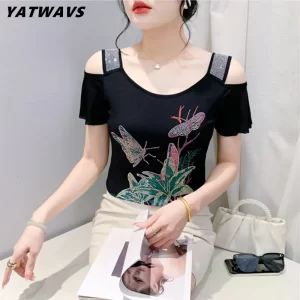 M-3XL New European Summer Clothes Chic Girl Butterfly Shiny Diamonds T-shirt Sexy Off Shoulder Women Tops All Match Mesh Tees