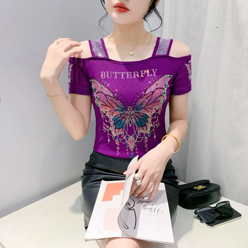 High Quality Summer Korean Women's Mesh T-shirt Sexy Chic Off Shoulder Classic Girl Slim Tees Fashion Butterfly Hot Diamonds Top - Image 4