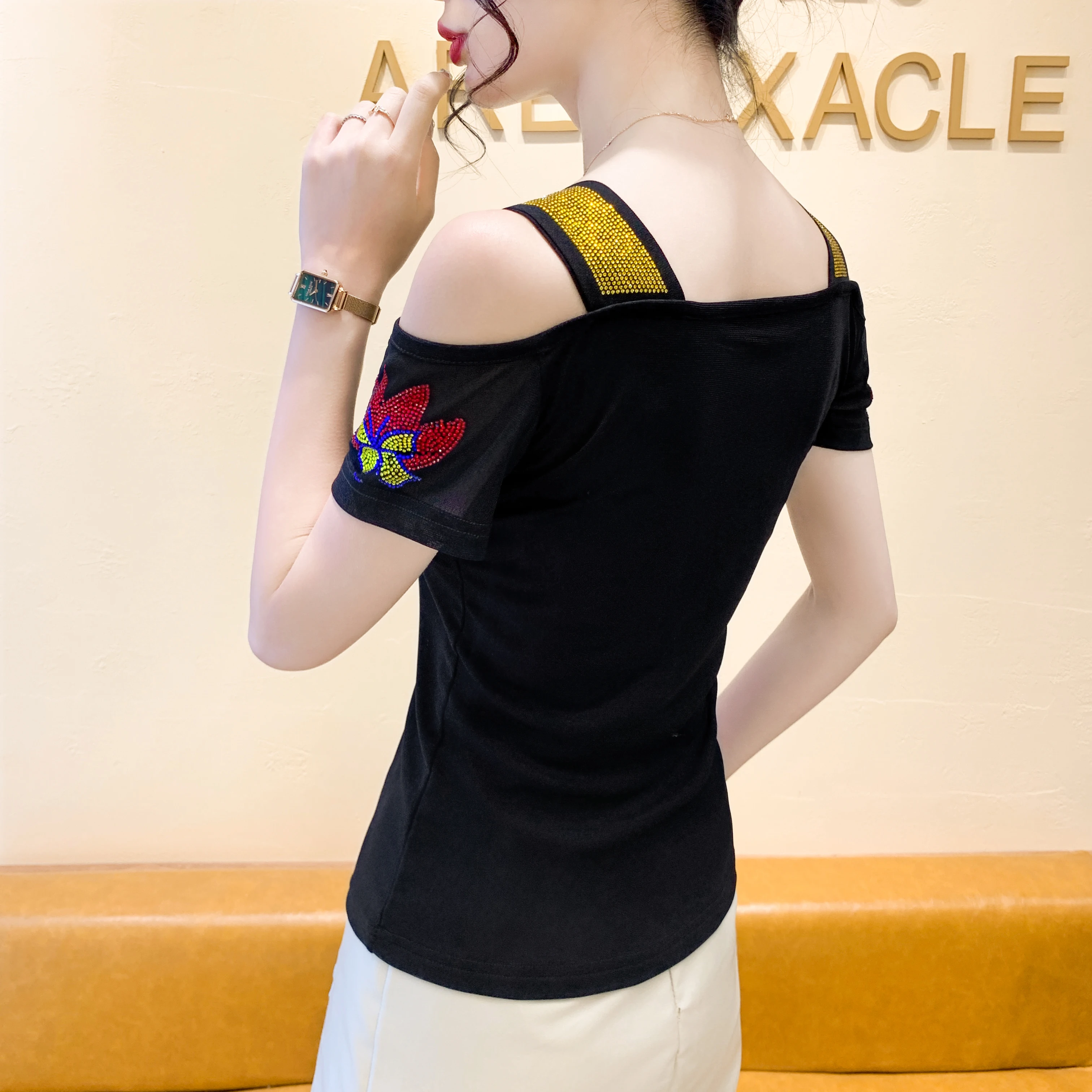 High-End Brand Women’s T-Shirt Clothes Luxury Shiny Cartoon Hot Diamonds Tops Summer Streetwear Girl Sexy Off Shoulder Tees - Image 2