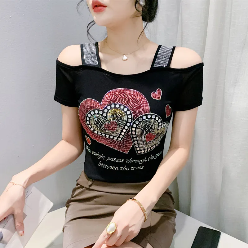 Streetwear Girl Summer Luxury Heart Shaped Hot Diamonds T-shirt Chic Sexy Off Shoulder Short Sleeve Tees High-end Women Slim Top - Image 4