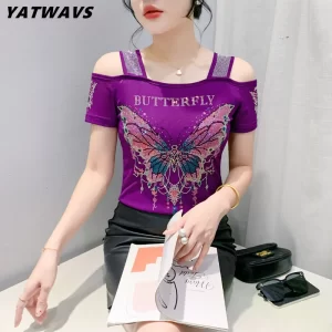 High Quality Summer Korean Women's Mesh T-shirt Sexy Chic Off Shoulder Classic Girl Slim Tees Fashion Butterfly Hot Diamonds Top