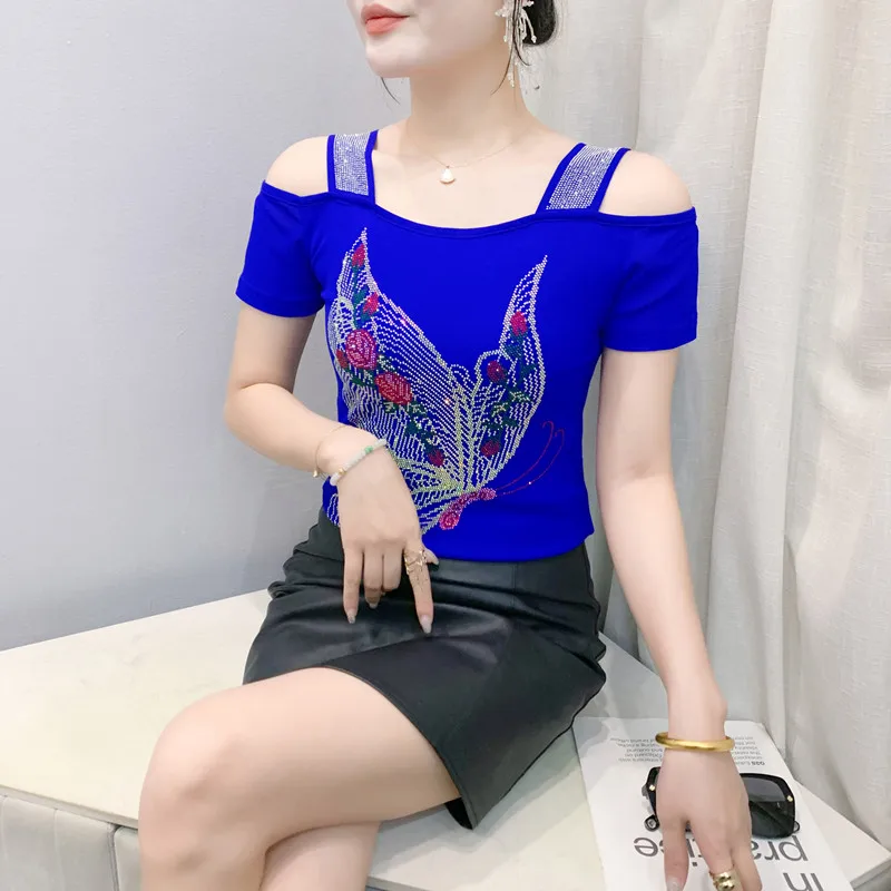 M-3XL Streetwear Girl Classic Summer T-Shirt Shiny Butterfly Hot Diamonds Design Tees Fashion Women's Sexy Off The Shoulder Tops - Image 4