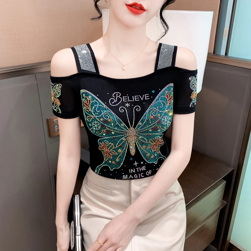 Summer Short Sleeved Women T-Shirt Elegant Slim Shiny Love Butterfly Diamonds Mesh Tops Chic Girl Sexy Off Shoulder Design Tees - Image 3