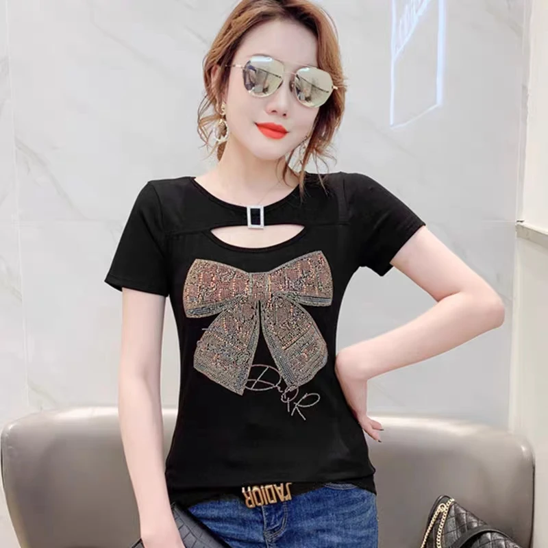 2025 New Summer European Clothes T-Shirt Chic Sexy O-Neck Shiny Bowknot Diamonds Women Tops Short Sleeve Hollow Out Tees Blusas - Image 3