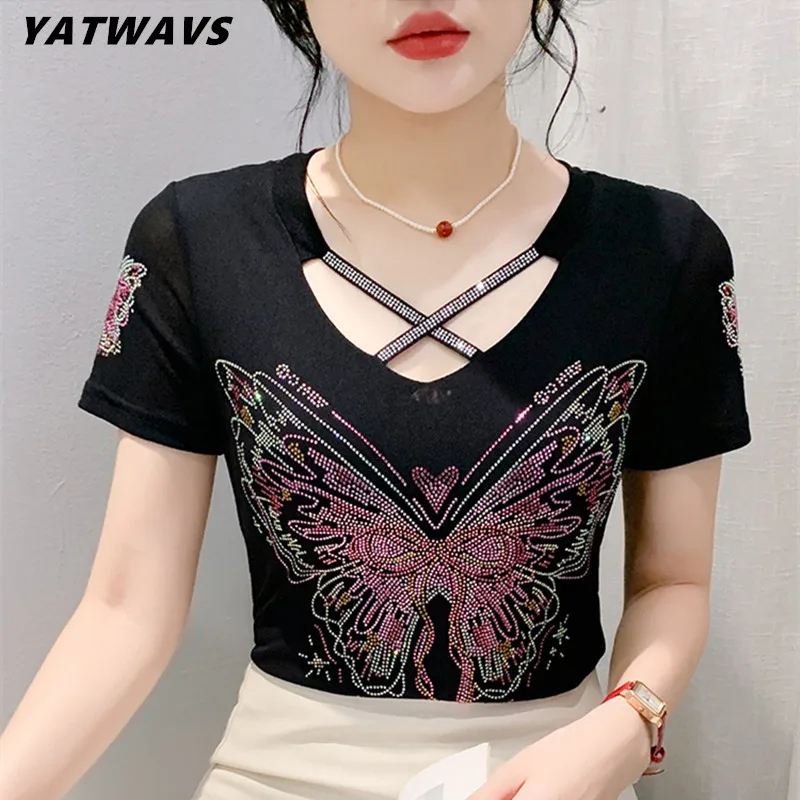 High-end Custom Summer European Ladies Clothes T-Shirt Fashion Shiny Diamonds Women Tops Sexy Hollow Out Embroidery Mesh Tees