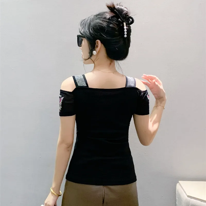 High Quality Summer Korean Women's Mesh T-shirt Sexy Chic Off Shoulder Classic Girl Slim Tees Fashion Butterfly Hot Diamonds Top - Image 2
