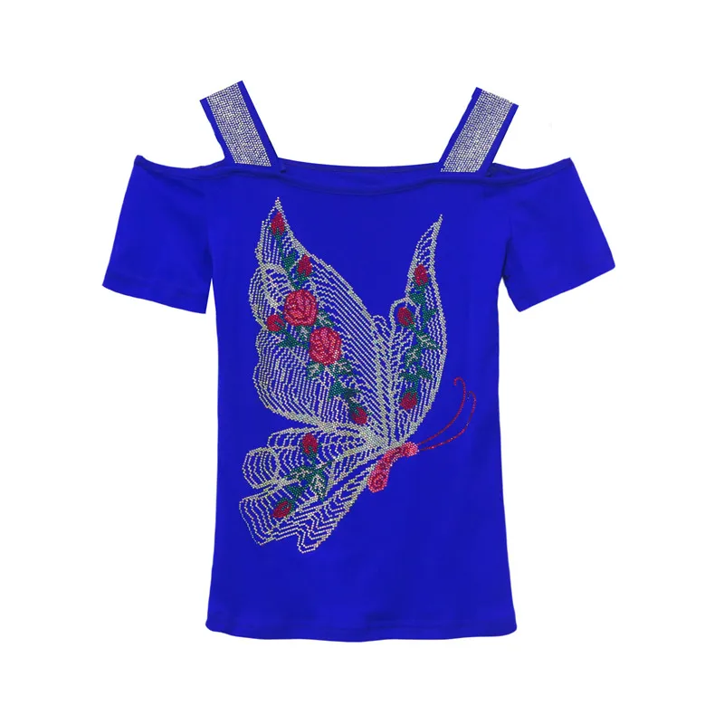 M-3XL Streetwear Girl Classic Summer T-Shirt Shiny Butterfly Hot Diamonds Design Tees Fashion Women's Sexy Off The Shoulder Tops - Image 5