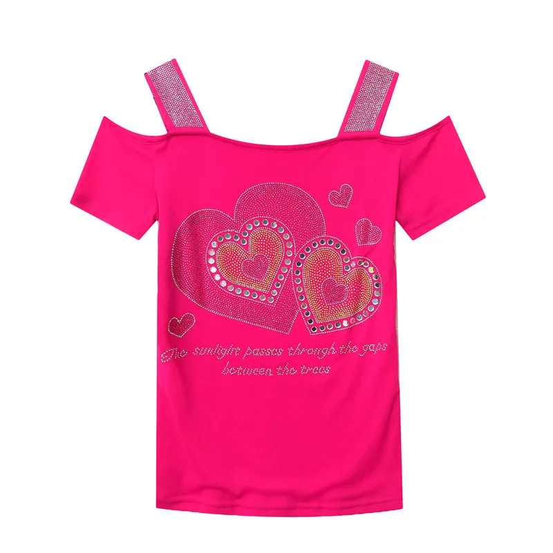 Streetwear Girl Summer Luxury Heart Shaped Hot Diamonds T-shirt Chic Sexy Off Shoulder Short Sleeve Tees High-end Women Slim Top - Image 5