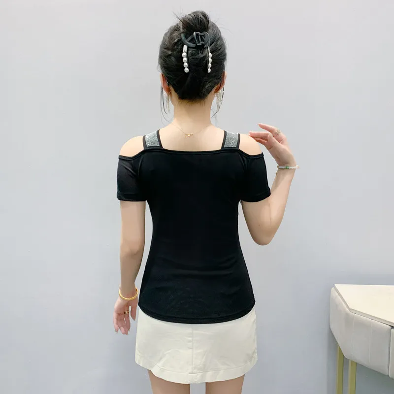 M-3XL Streetwear Girl Classic Summer T-Shirt Shiny Butterfly Hot Diamonds Design Tees Fashion Women's Sexy Off The Shoulder Tops - Image 2