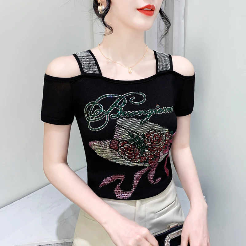 High Quality Summer Chic Hat Diamonds Design Women's T-shirt New Fashion Sexy Off Shoulder Mesh Top Lady Short Sleeve Brand Tees - Image 5