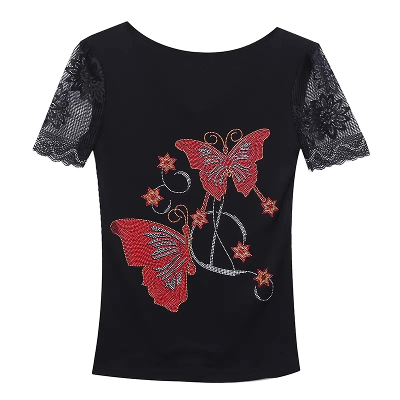 High-End Summer Fashion Korean Clothes T-shirt Chic Butterfly Diamonds Mesh Women Tops Sexy Hollow Short Sleeve All Match Tees - Image 6