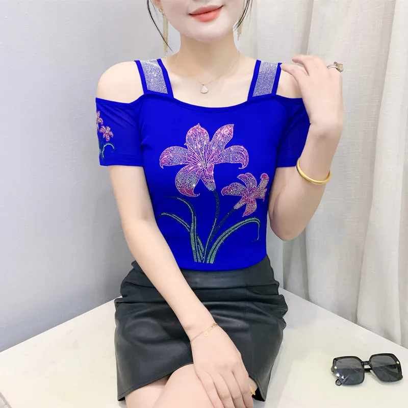 High Quality Summer New Fashion European Clothes Women's T-shirt Luxury Flower Hot Diamonds Tees Sexy Girls Slim Streetwear Tops - Image 3