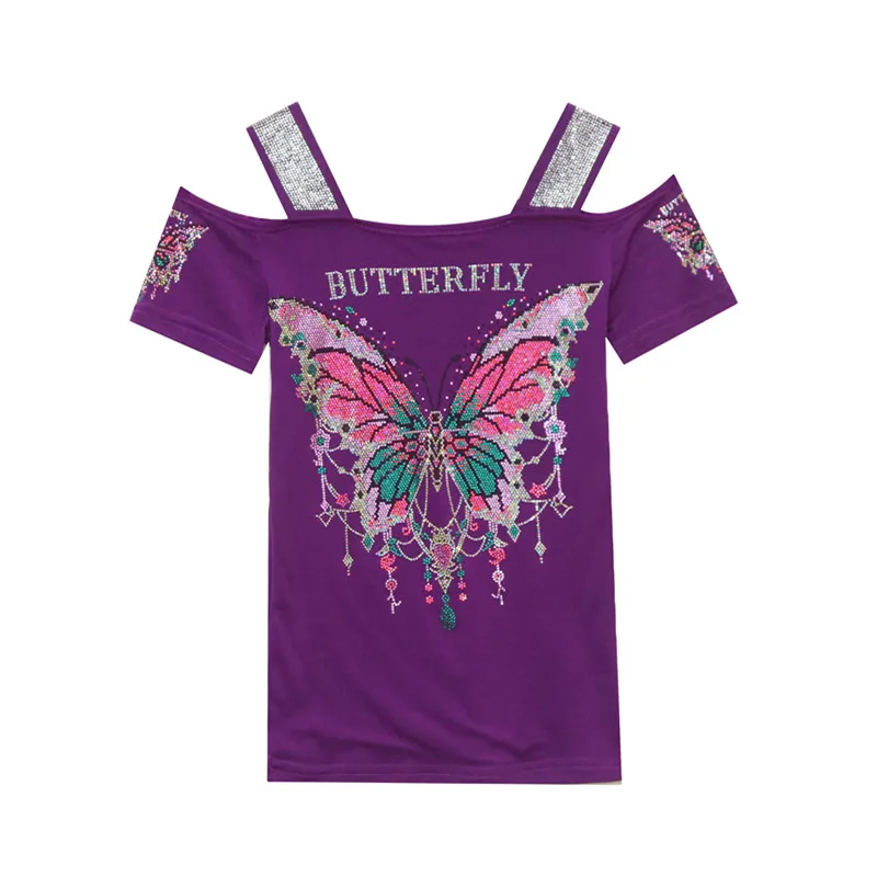 High Quality Summer Korean Women's Mesh T-shirt Sexy Chic Off Shoulder Classic Girl Slim Tees Fashion Butterfly Hot Diamonds Top - Image 5