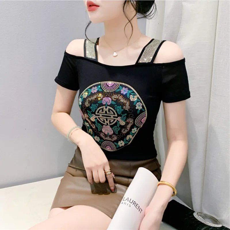 New Arrivals European Summer Women Flower T-shirt Clothes Chic Sexy Off Shoulder Shiny Diamonds Tops Brand Girl Slim Mesh Tees - Image 3