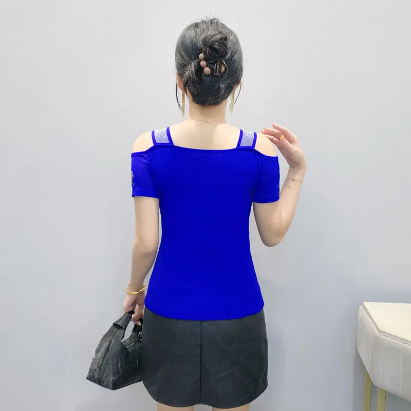 High Quality Summer New Fashion European Clothes Women's T-shirt Luxury Flower Hot Diamonds Tees Sexy Girls Slim Streetwear Tops - Image 2