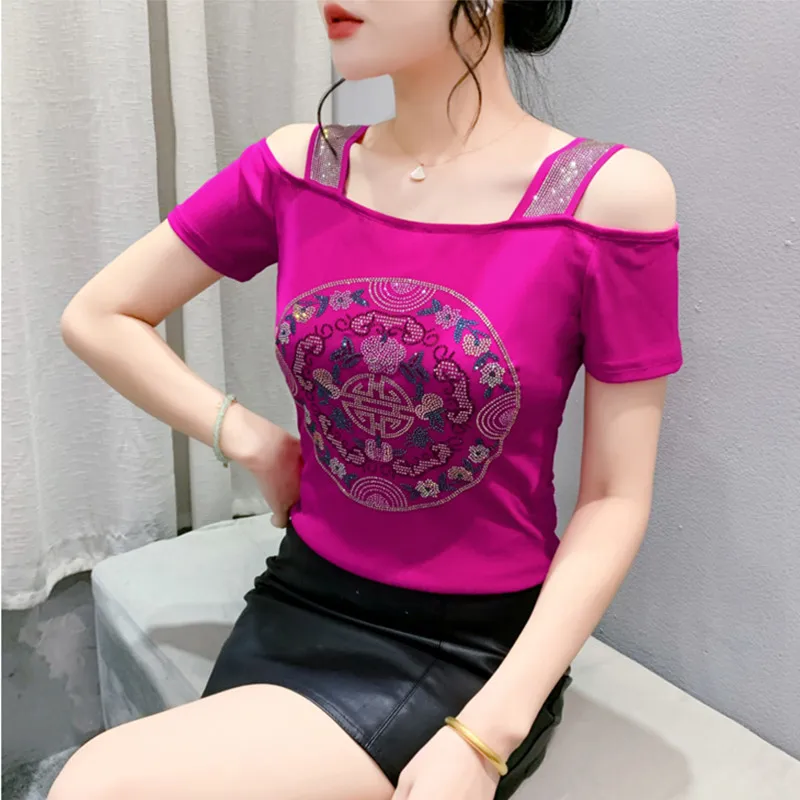 New Arrivals European Summer Women Flower T-shirt Clothes Chic Sexy Off Shoulder Shiny Diamonds Tops Brand Girl Slim Mesh Tees - Image 4