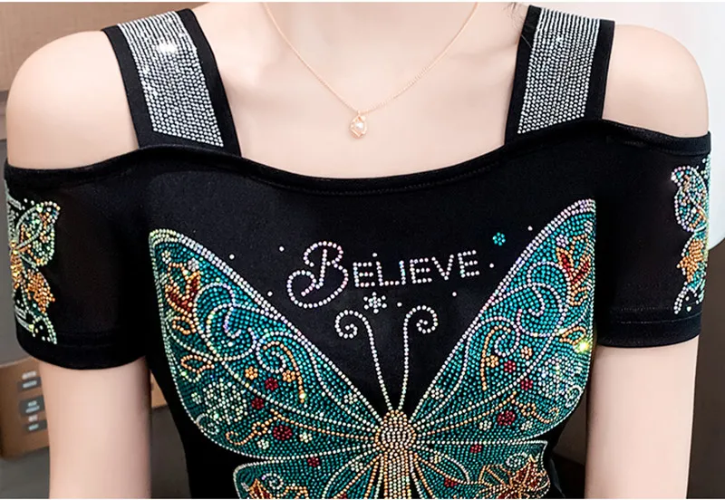 Summer Short Sleeved Women T-Shirt Elegant Slim Shiny Love Butterfly Diamonds Mesh Tops Chic Girl Sexy Off Shoulder Design Tees - Image 6