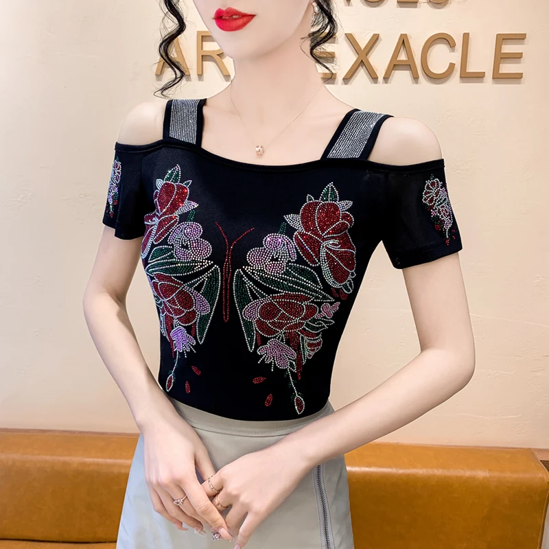 New Arrivals Summer Streetwear Women's Clothes T-Shirt Shiny Butterfly Hot Diamonds Design Tops Sexy Off Shoulder Female Tees - Image 6