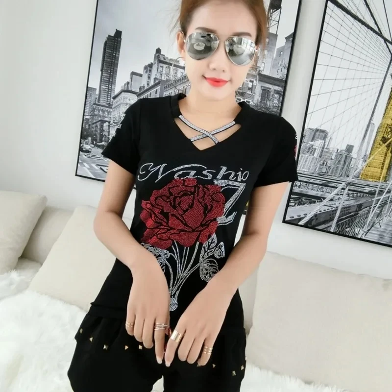 Streetwear Women Sexy V-neck Shiny Flower Diamonds T-shirt Summer Female Short Sleeve Slim Tops Shirt All Match Tees Blusas - Image 3