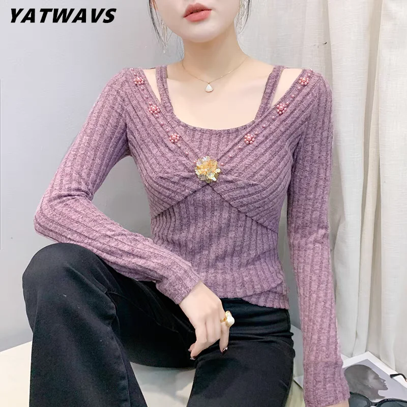 High Quality Women’s Chic Shinny Flower Beading T-Shirt Sexy Off Shoulder Long Sleeves Tees New Fashion Ladies Cotton Tops
