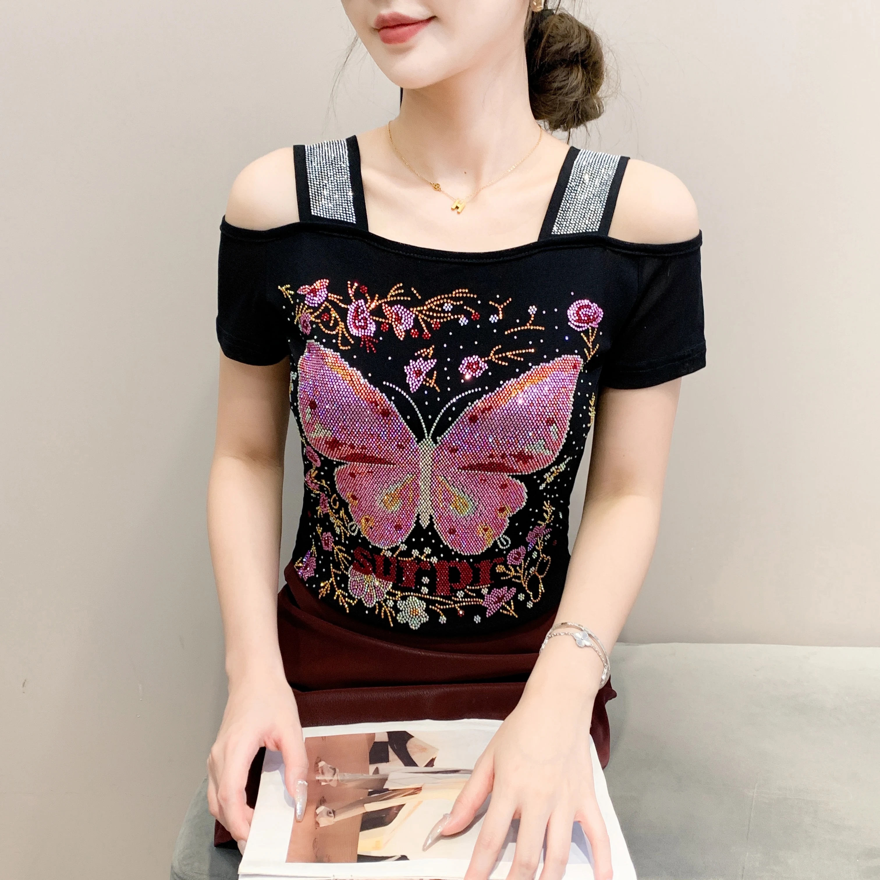 M-3XL Summer Women's Luxury Hot Diamonds T-Shirt Chic Off Shoulder Short Sleeve Sexy Tees High Quality Ladies Slim Mesh Tops - Image 4