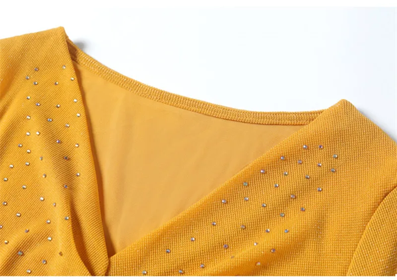 M-3XL Autumn Women's V-Neck Pleated Hot Diamonds T-Shirt Fashion Casual Long-Sleeved Slim Mesh Top Temperament All Match Tees - Image 6