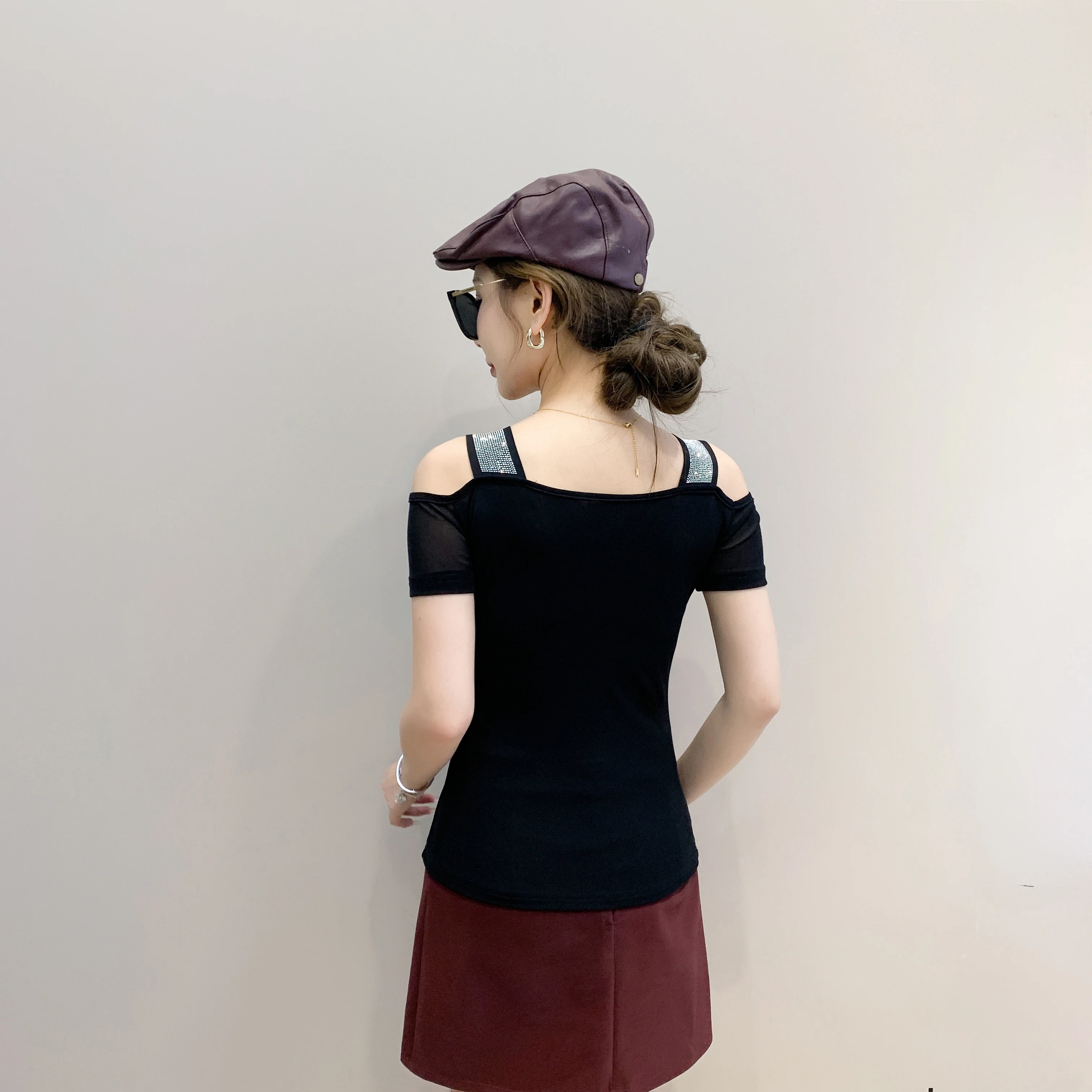 M-3XL Summer Women's Luxury Hot Diamonds T-Shirt Chic Off Shoulder Short Sleeve Sexy Tees High Quality Ladies Slim Mesh Tops - Image 2