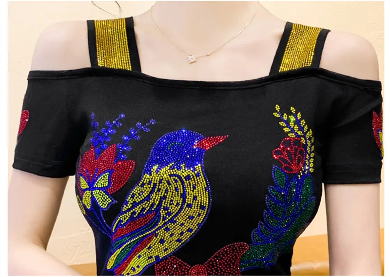 High-End Brand Women’s T-Shirt Clothes Luxury Shiny Cartoon Hot Diamonds Tops Summer Streetwear Girl Sexy Off Shoulder Tees - Image 6