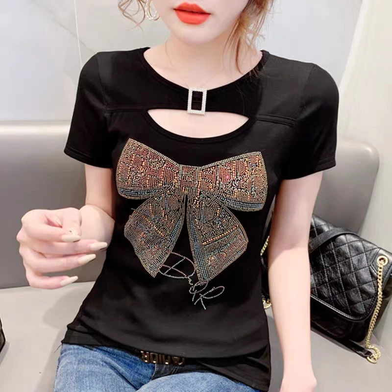 2025 New Summer European Clothes T-Shirt Chic Sexy O-Neck Shiny Bowknot Diamonds Women Tops Short Sleeve Hollow Out Tees Blusas - Image 4