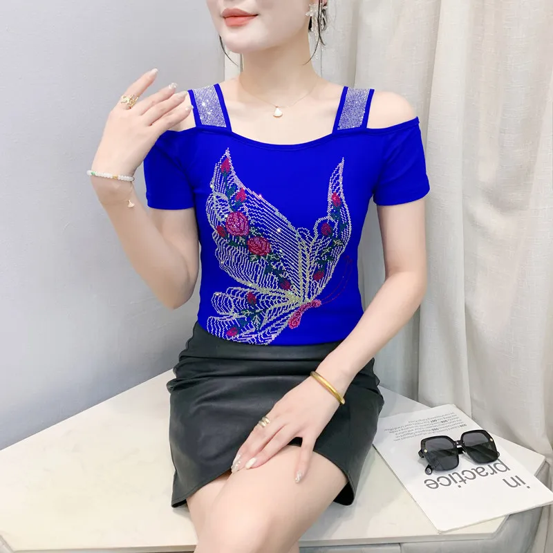 M-3XL Streetwear Girl Classic Summer T-Shirt Shiny Butterfly Hot Diamonds Design Tees Fashion Women's Sexy Off The Shoulder Tops - Image 3